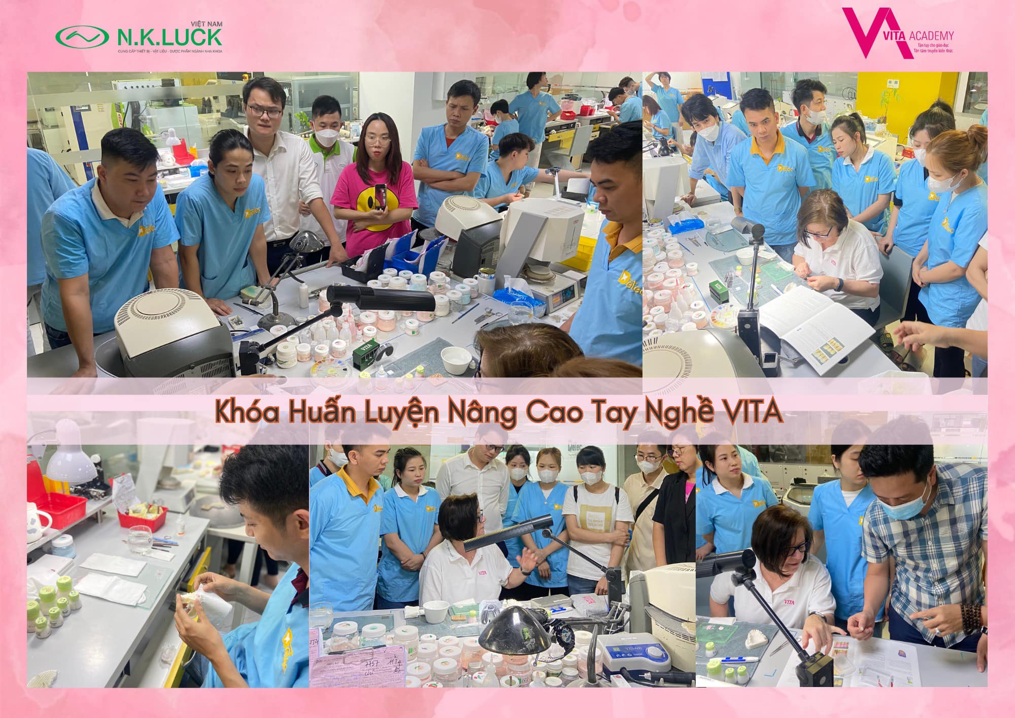 Các chuyên gia Vita thực hành trực tiếp trên nha giả và hướng dẫn học viên thực hành tại lớp sau mỗi lớp học